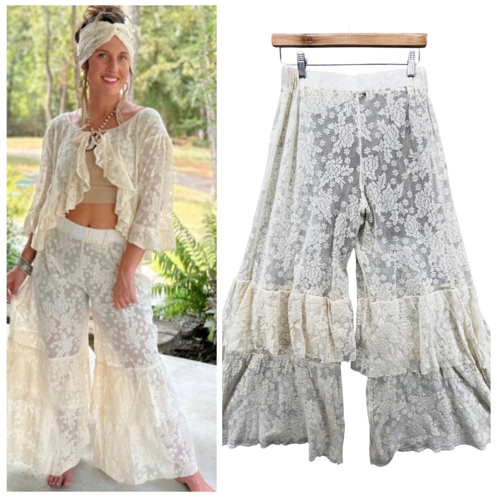Jaded Gypsy All Your Love Lace Pant Size S/M‎ Ivory Ruffle Wide Leg Cottagecore
